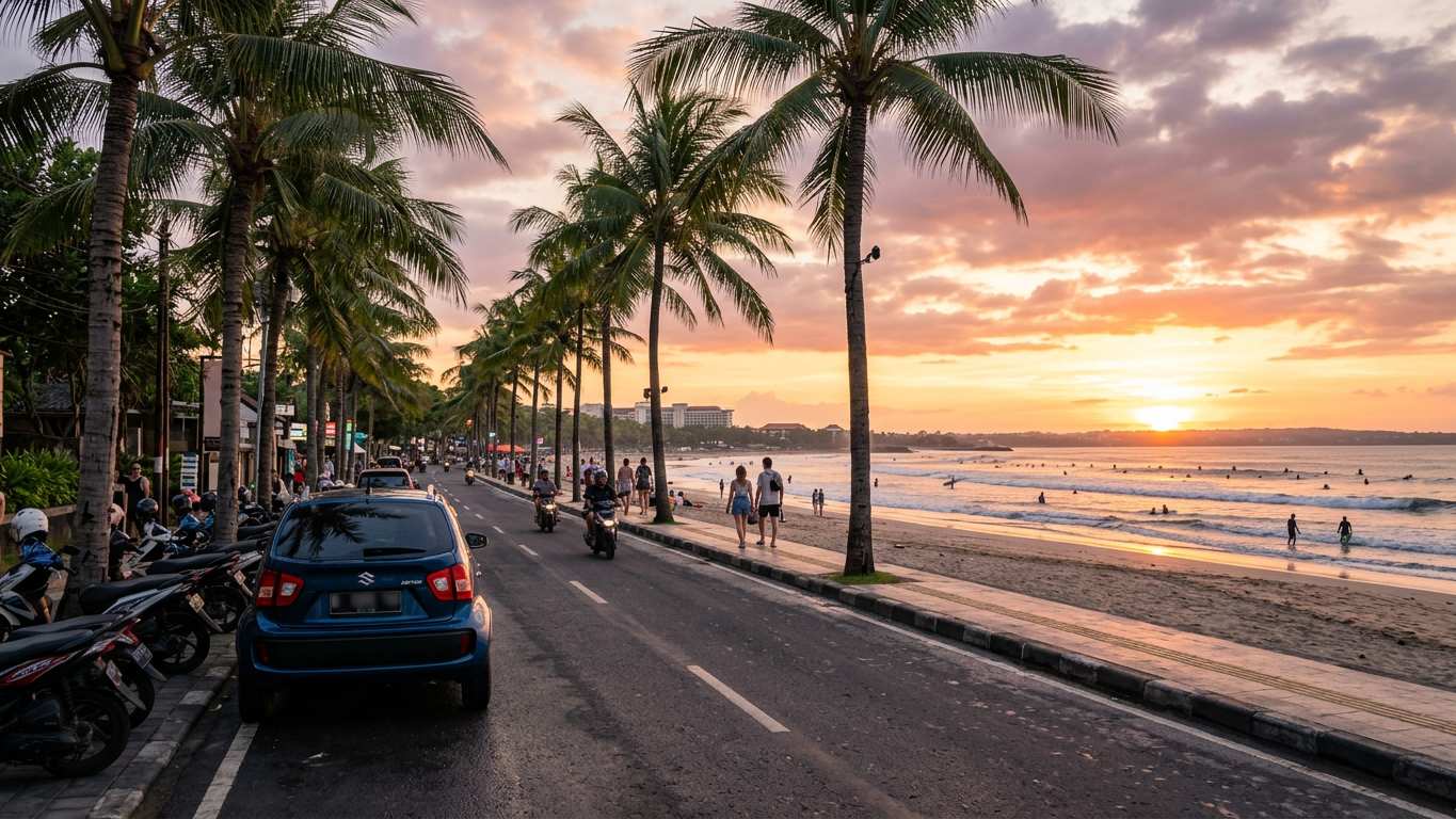 Street scene in Kuta, Bali with motorbikes and rental cars parked near beach road