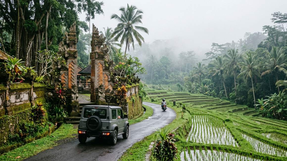 Car parked near Tegallalang rice terraces with palm trees and green landscape in Ubud