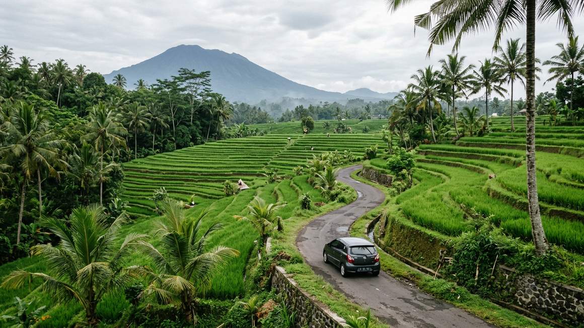 Car rental pick-up area at Ngurah Rai International Airport Denpasar Bali with palm trees and tropical airport terminal