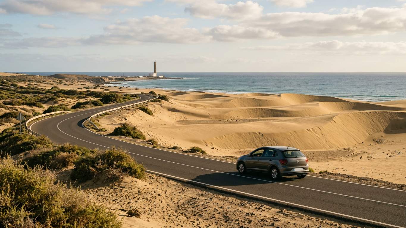 Coastal road and volcanic hills in Gran Canaria with rental car