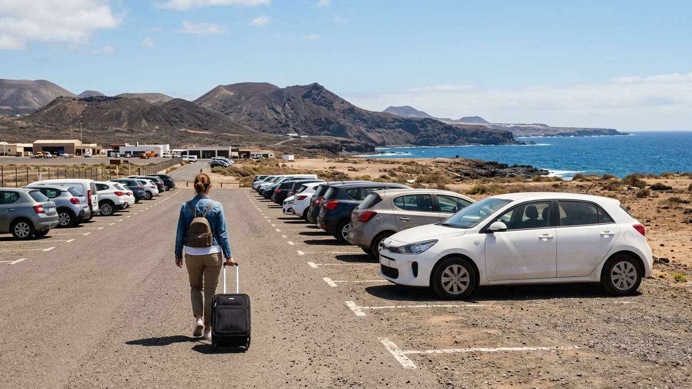 Tenerife South Airport car rental area with palm trees and volcanic mountains in background