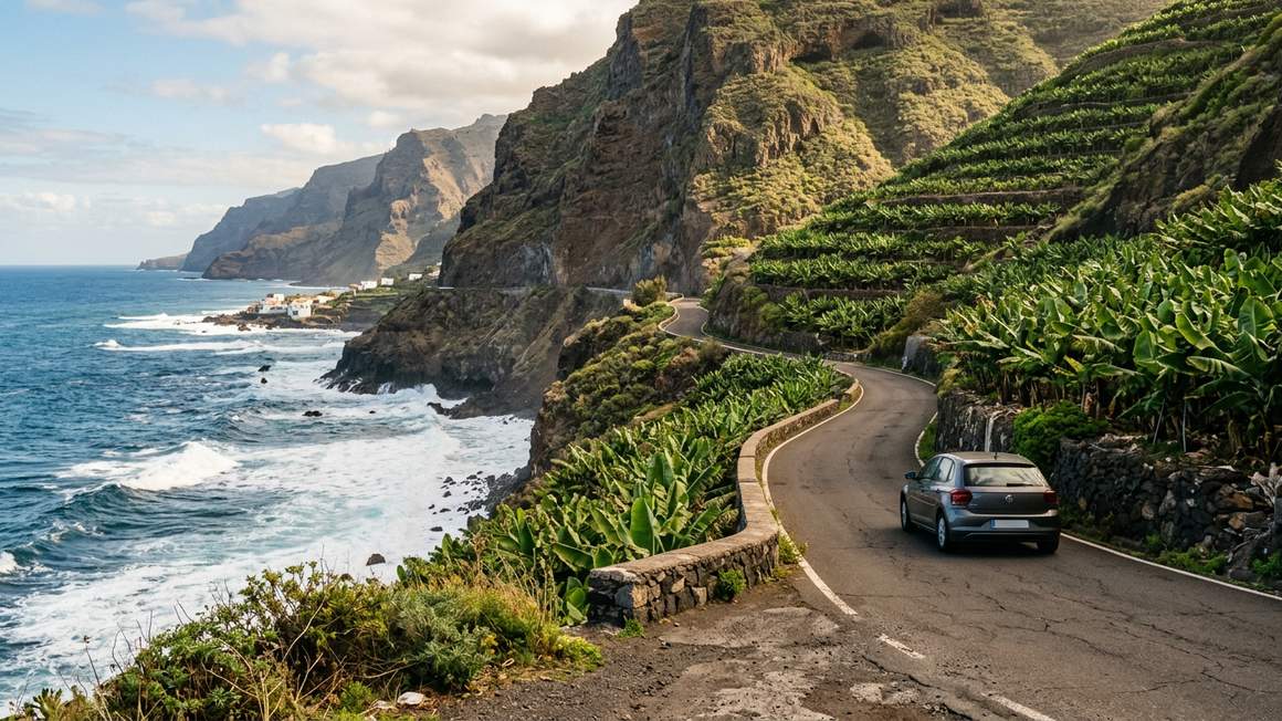 Coastal road in Tenerife with volcanic cliffs and Atlantic Ocean view