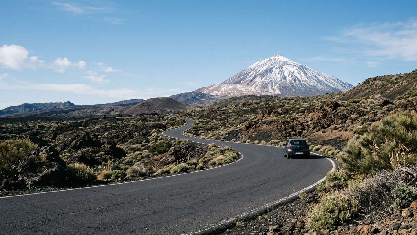 Coastal road winding through volcanic landscape in Canary Islands