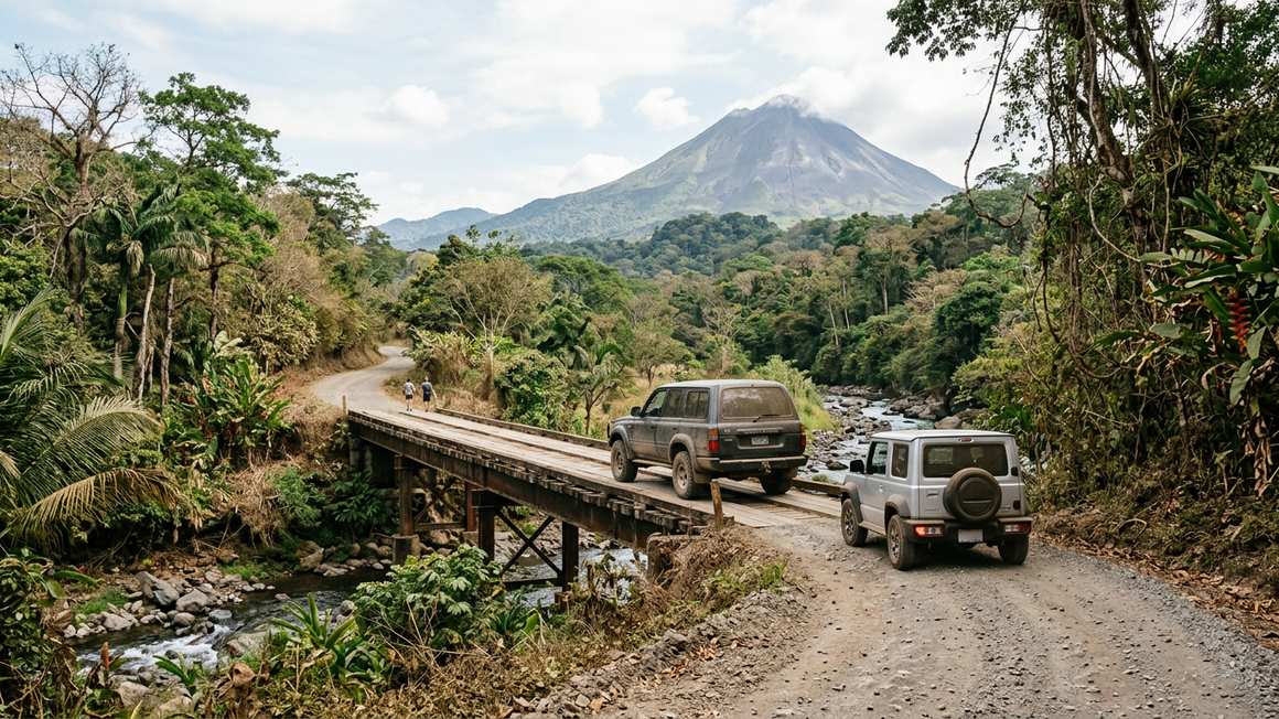 Mountain road through tropical forest in Costa Rica with 4x4 vehicle