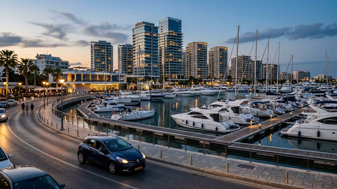 Coastal promenade and marina in Limassol, Cyprus with car rental access