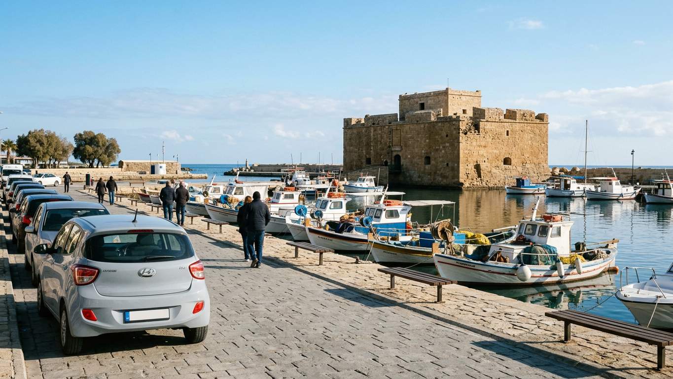 Coastal road and harbour view in Paphos Cyprus with rental car options