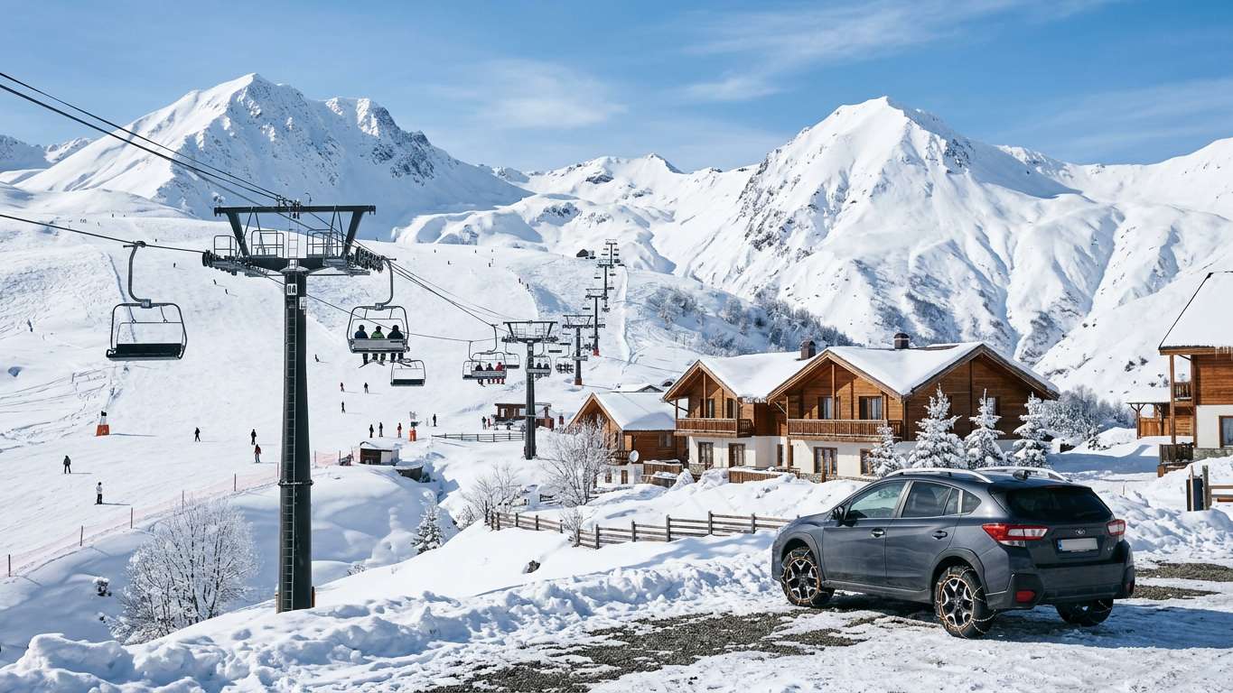 Snow-covered road approaching Gudauri ski resort with mountain peaks in background