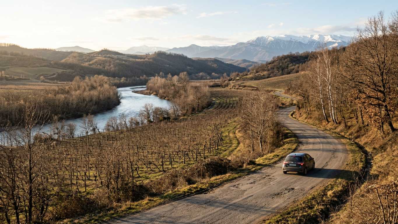 Car rental pick-up area at Kutaisi International Airport terminal in winter