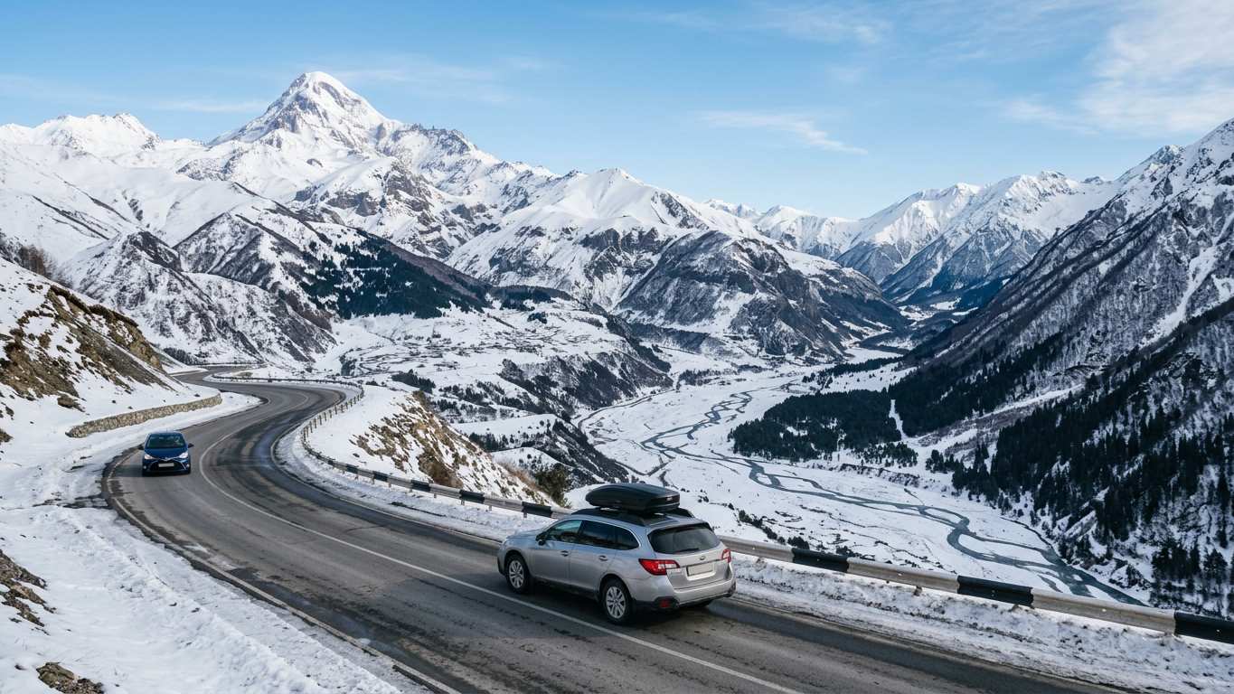 Mountain road along the Georgian Military Highway in winter with snow-capped peaks