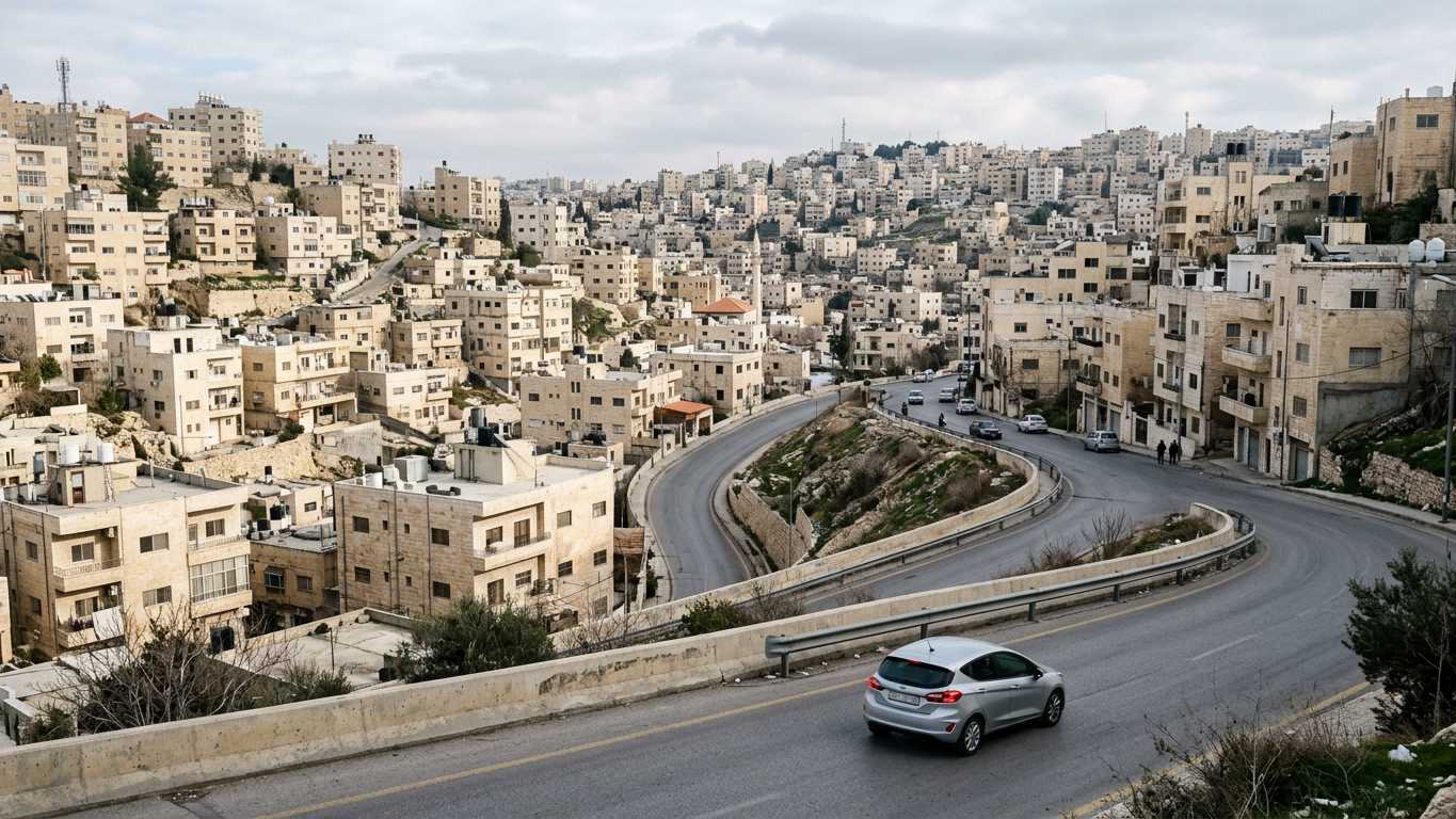 Car driving through Amman streets with ancient citadel visible on hilltop