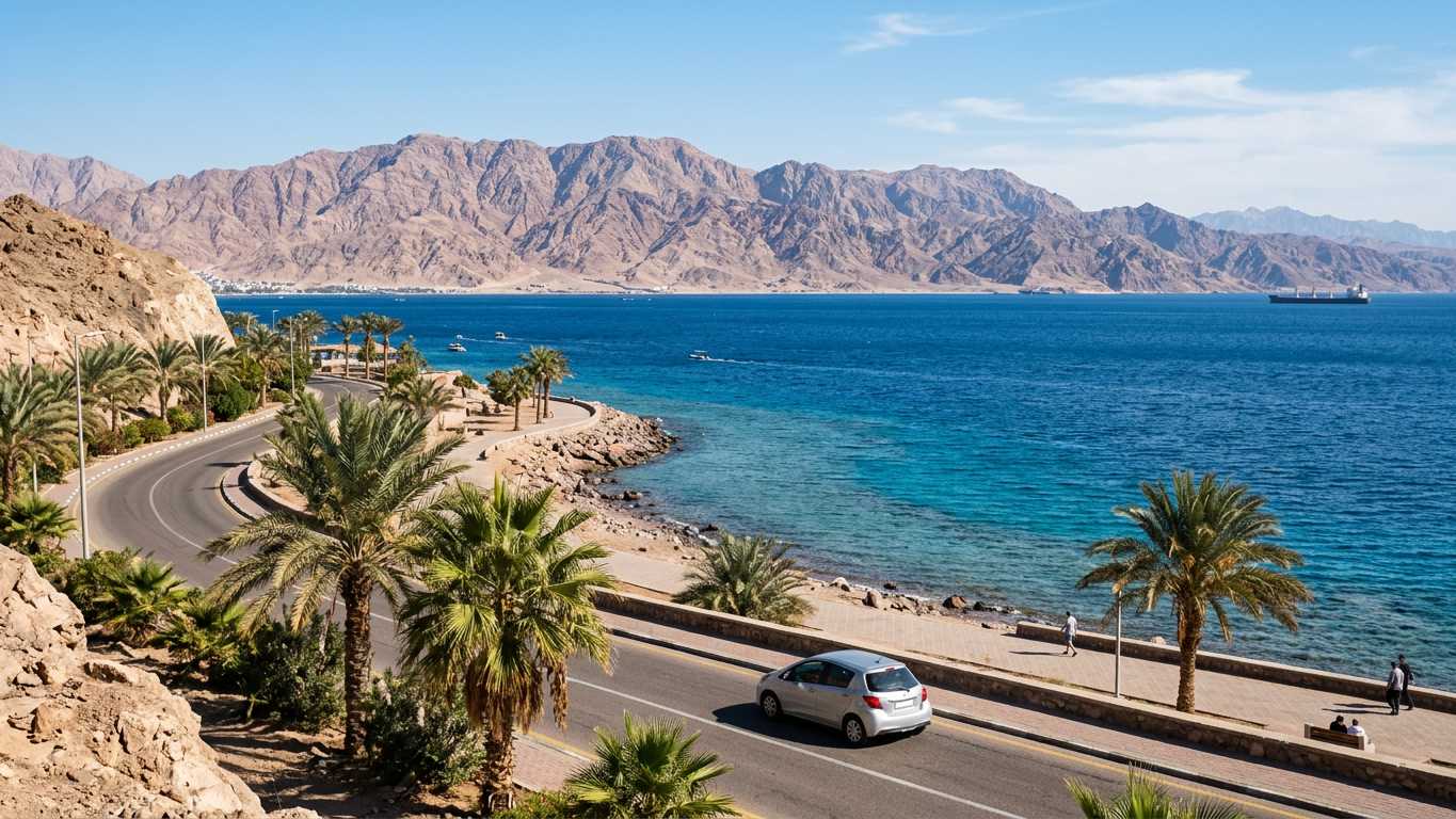 Car rental point near Red Sea waterfront in Aqaba with desert mountains in background