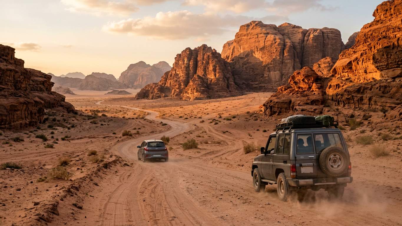 Car parked near Petra Treasury in Jordan during winter season