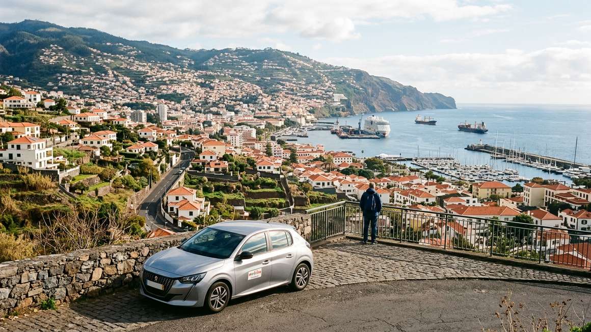 Car rental pick-up area at Funchal Madeira airport with mountain backdrop