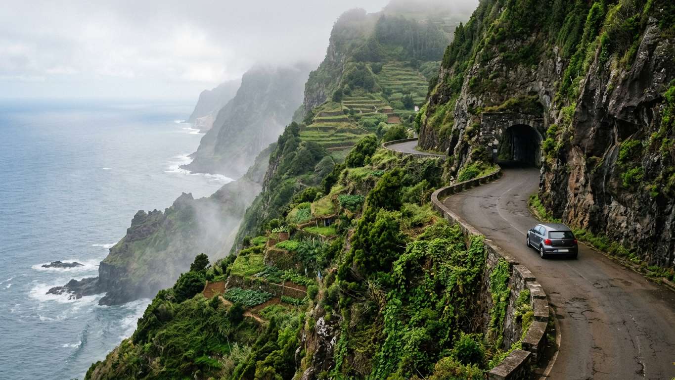 Coastal road and green hills on Madeira island