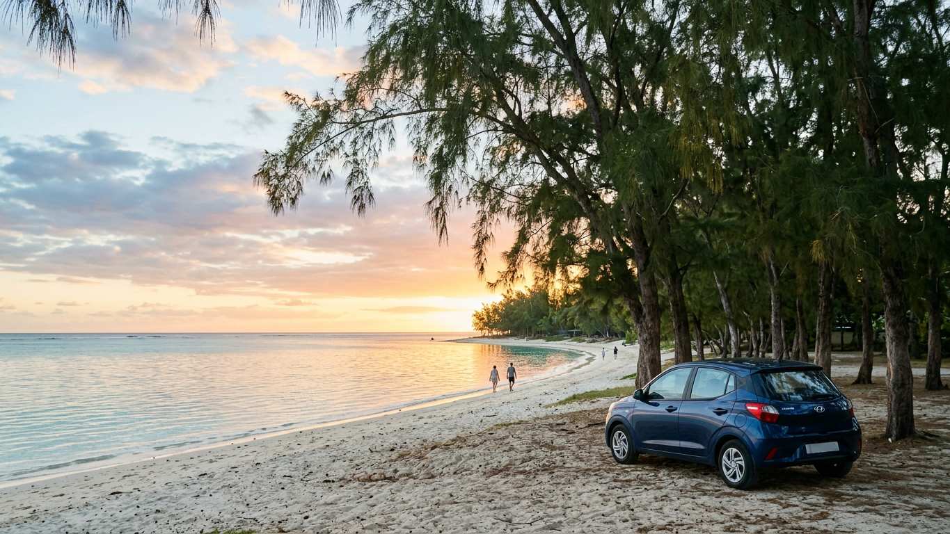 Casuarina trees line the beach at Flic en Flac, west coast Mauritius, with rental cars parked near beachfront resorts