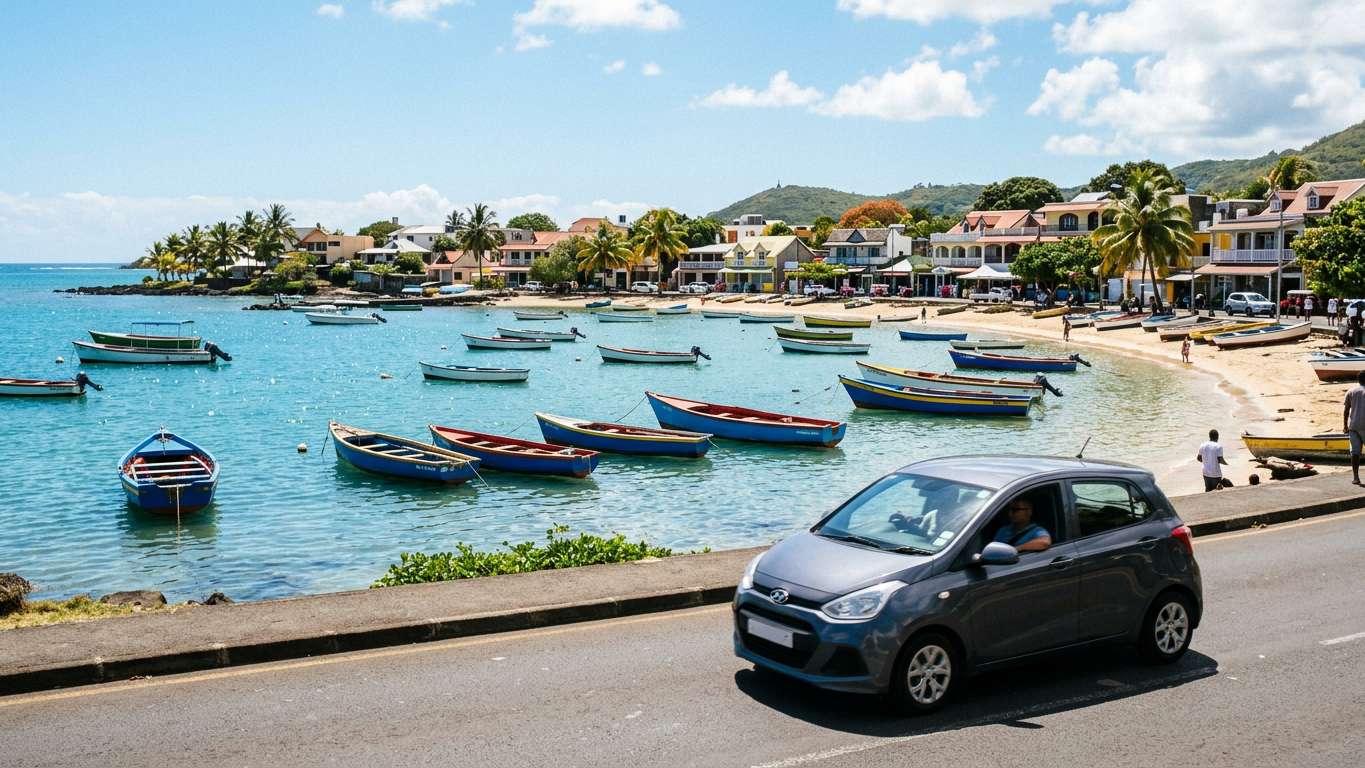 Coastal road near Grand Baie with rental cars parked by turquoise lagoon in Mauritius