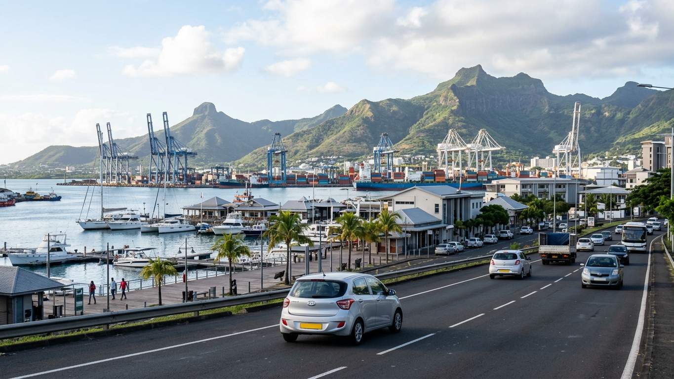 Port Louis waterfront with rental cars parked near Caudan marina