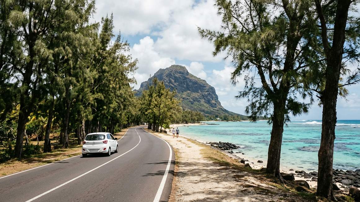 Coastal road in Mauritius with rental car driving past turquoise lagoon and casuarina trees