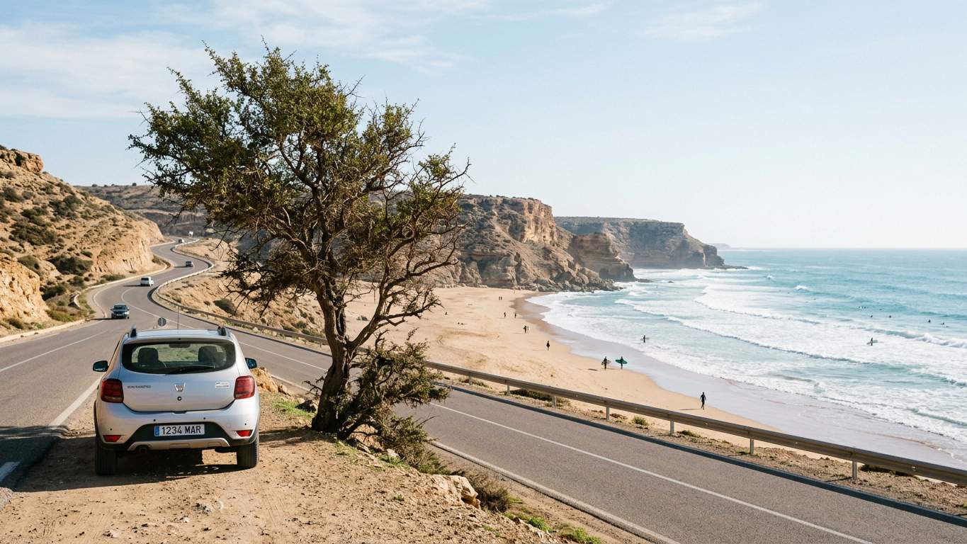 Promenade and beach area in Agadir with Atlantic Ocean and car rental pick-up locations