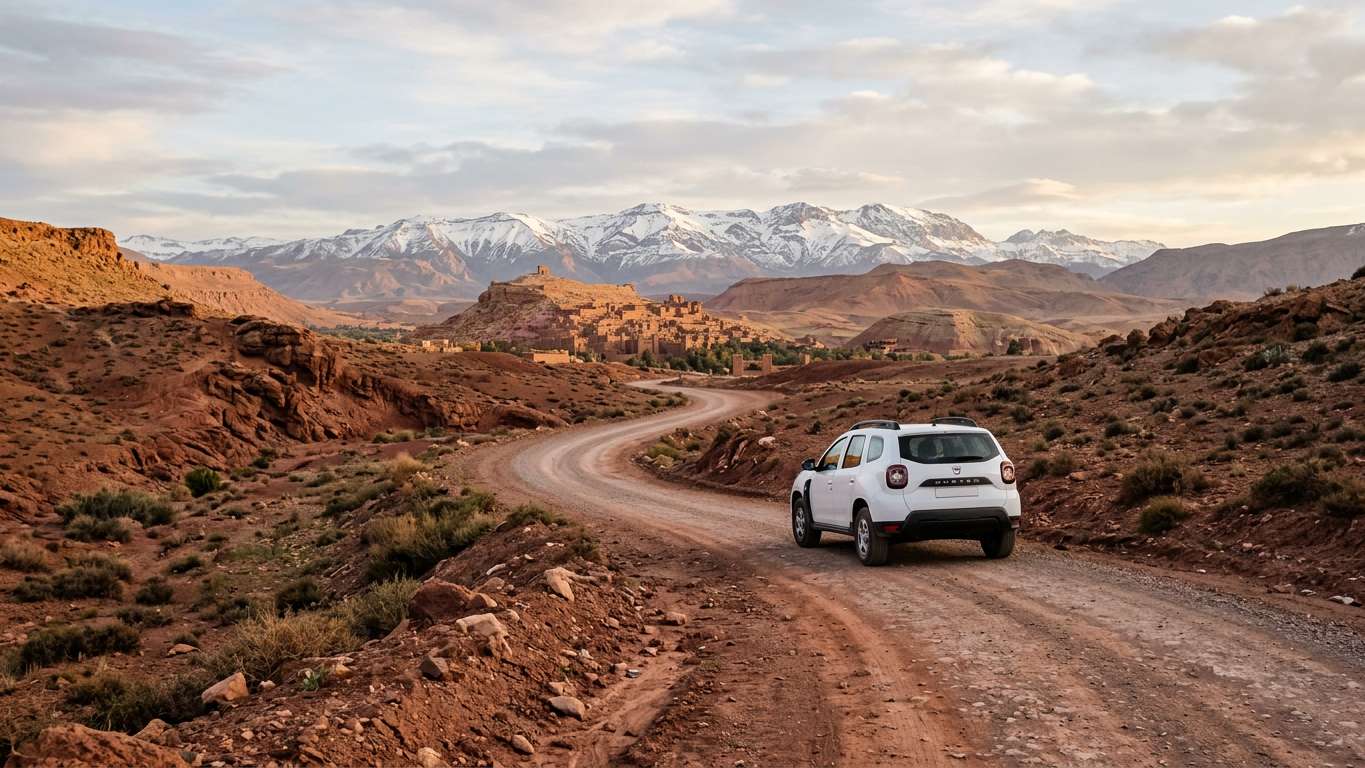 Road winding through the Atlas Mountains towards Ouarzazate in Morocco