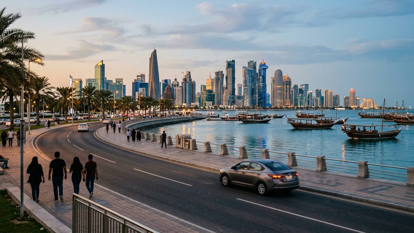 Modern Doha skyline and Corniche waterfront promenade in Qatar