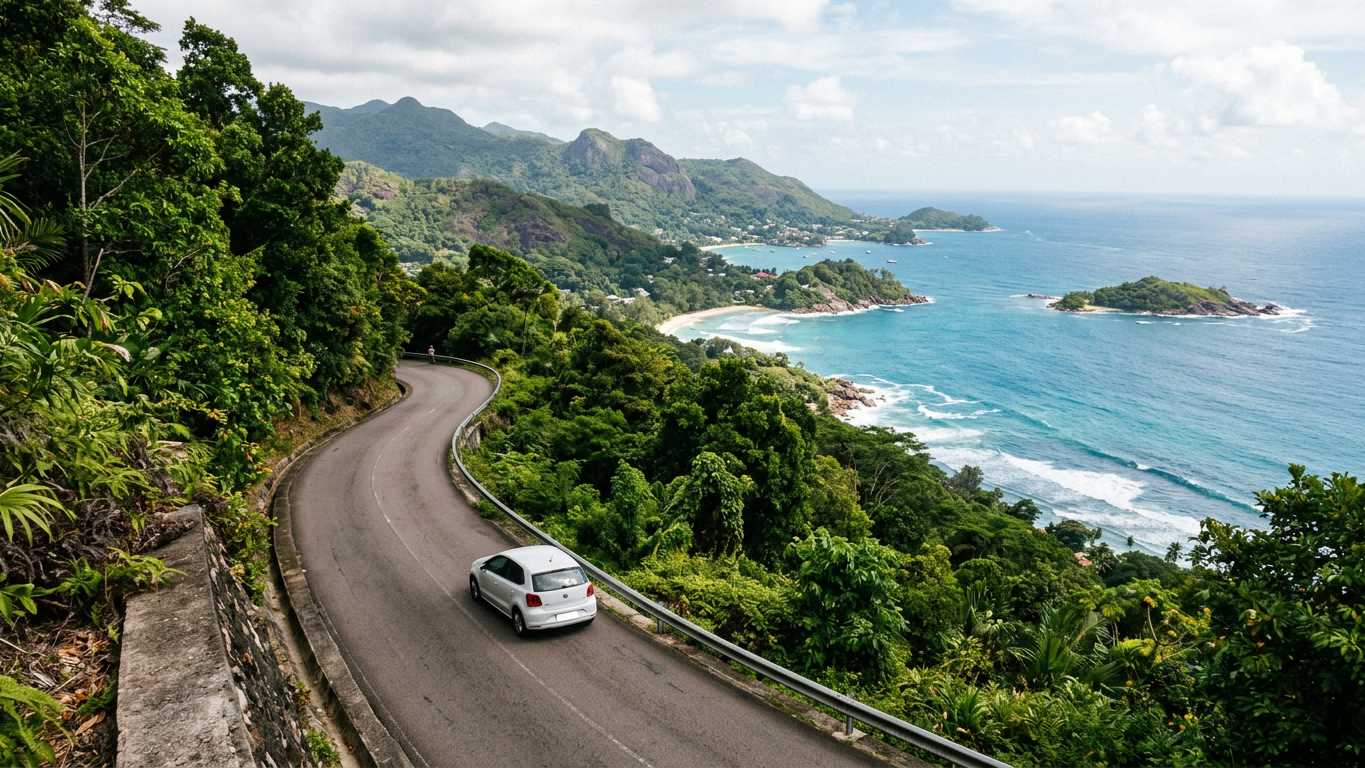 Coastal road and lush hillsides on Mahe island Seychelles