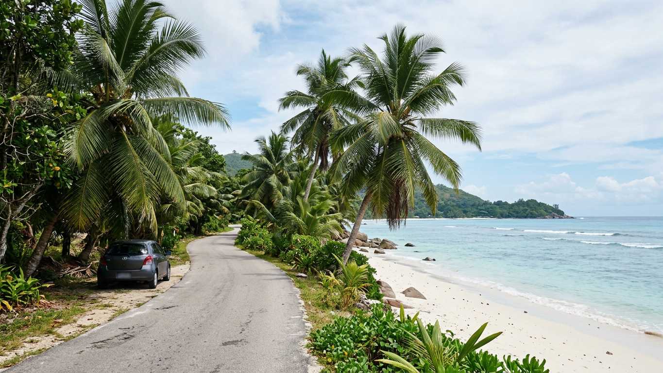 Palm-fringed beach road on Praslin Island with turquoise water and granite boulders