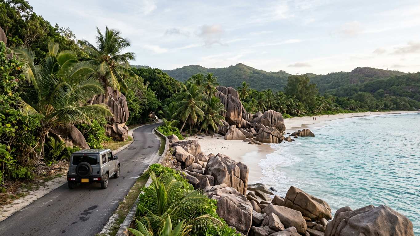 Coastal road on Mahe island with tropical forest and turquoise ocean