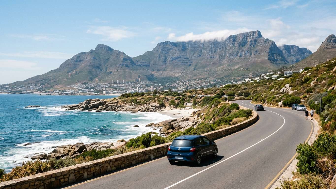 Car rental pick-up area at Cape Town International Airport with Table Mountain in the background
