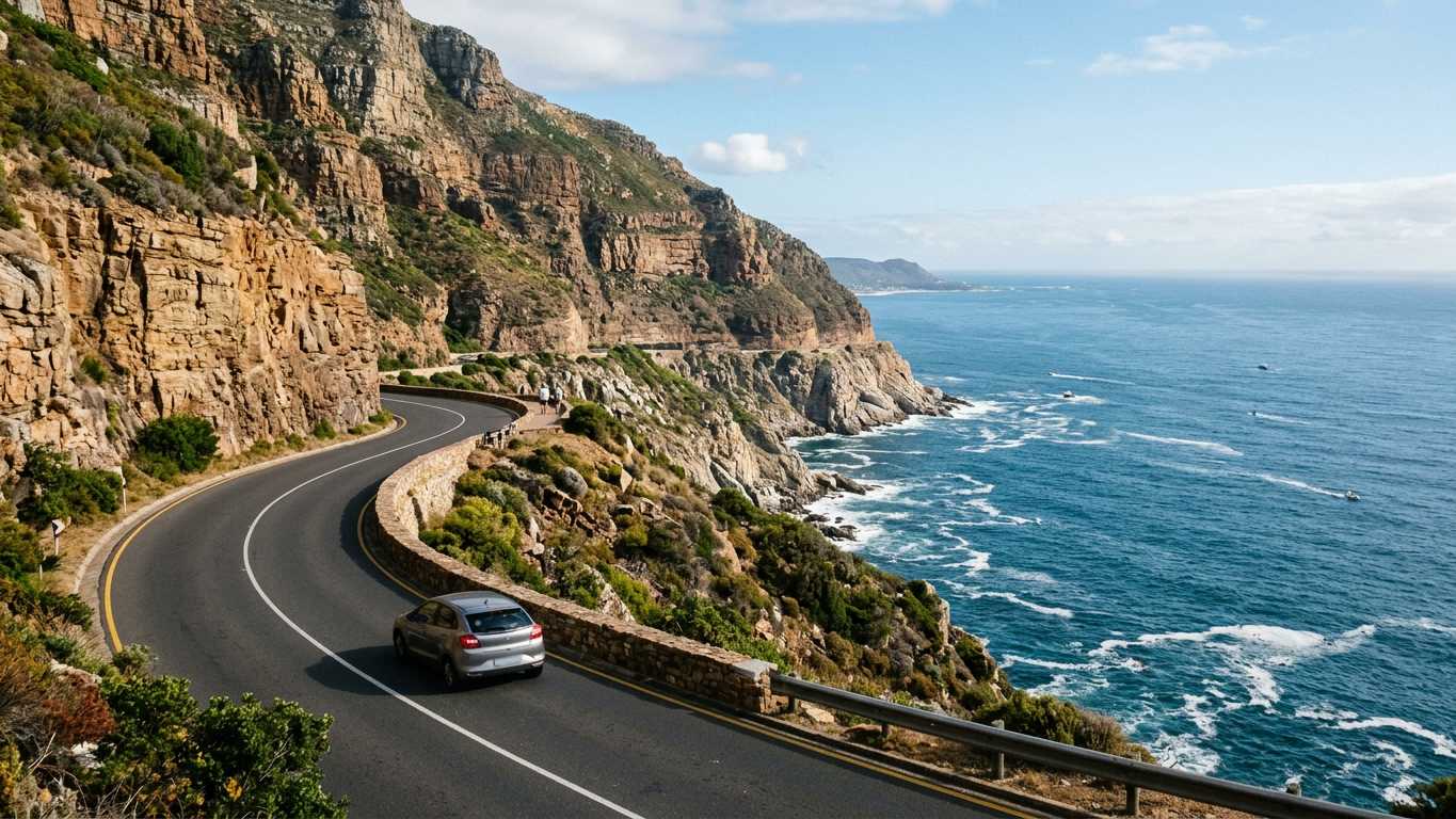 Coastal road near Cape Town with Table Mountain in the background and rental car on left-hand side