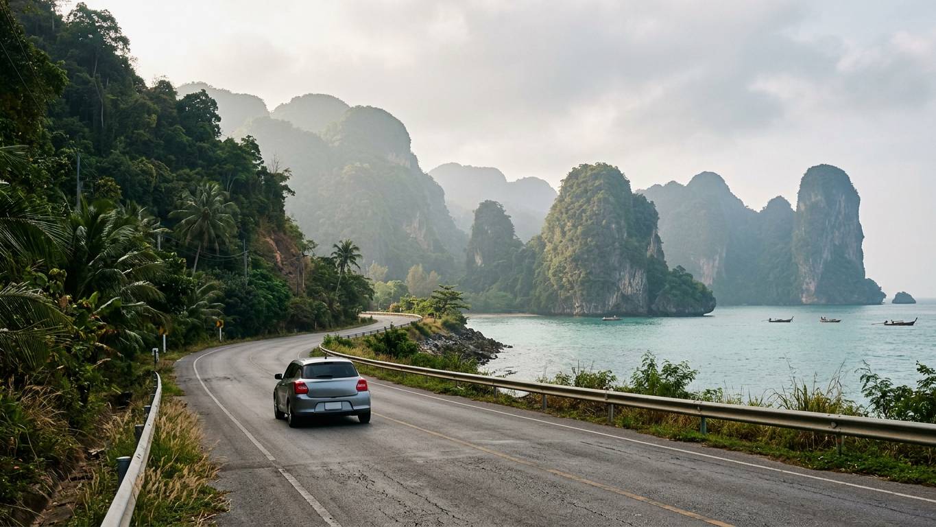 Coastal road in Krabi province with limestone cliffs and rental car