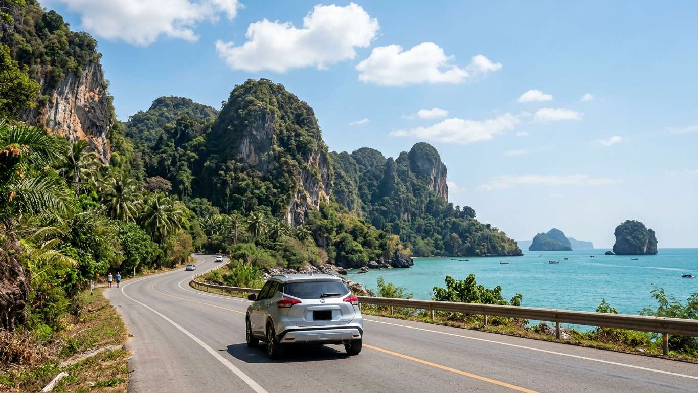 Coastal road with limestone karsts and turquoise water in Thailand