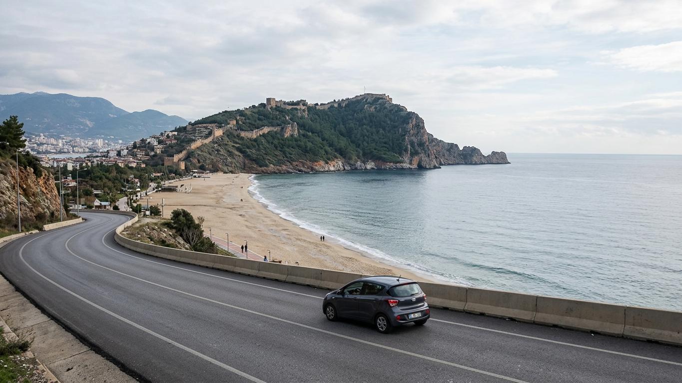 Coastal road and Alanya castle peninsula viewed from hillside with rental car in foreground
