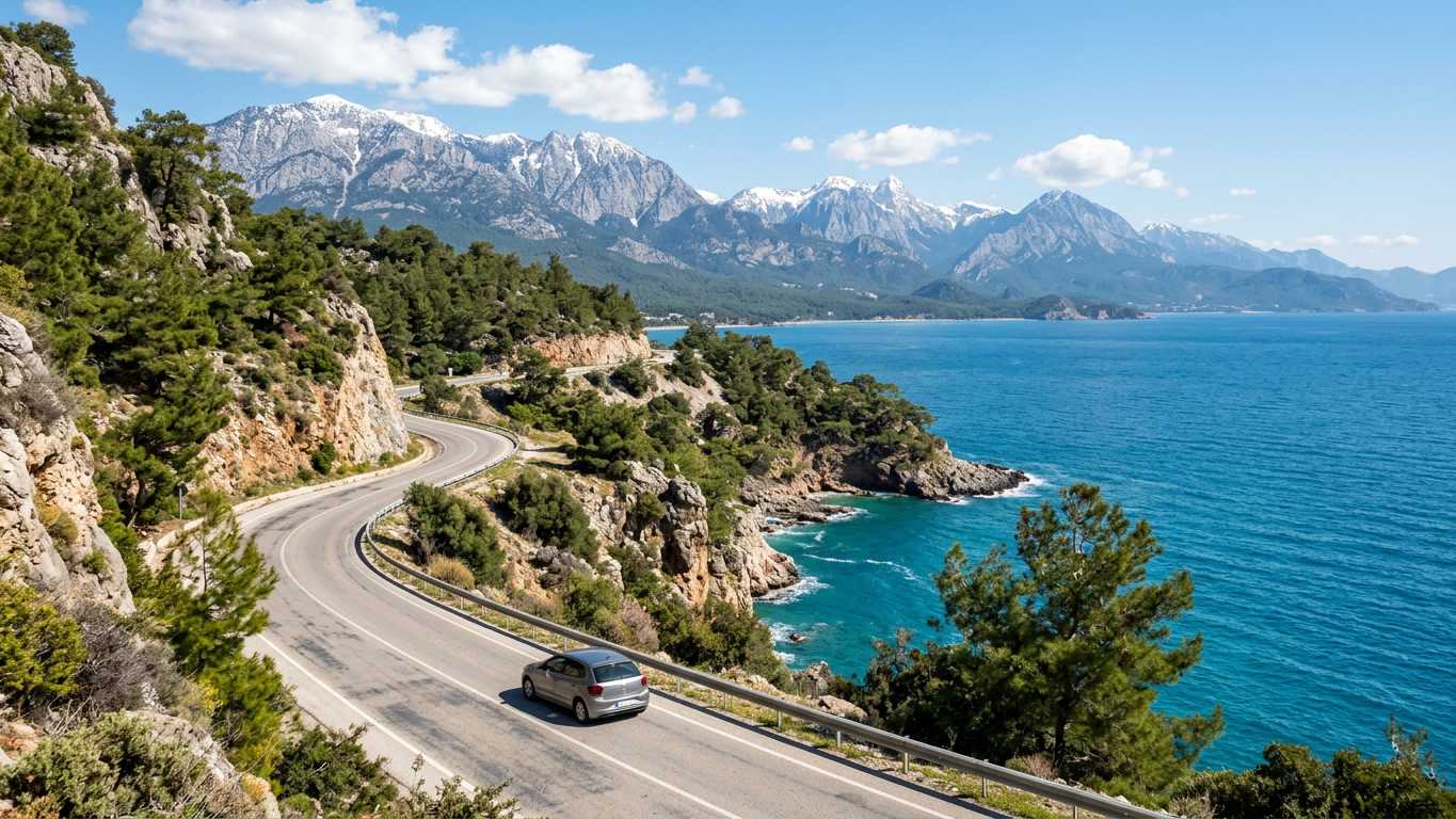 Antalya coastal road with palm trees and Mediterranean views, car rental pick-up zone