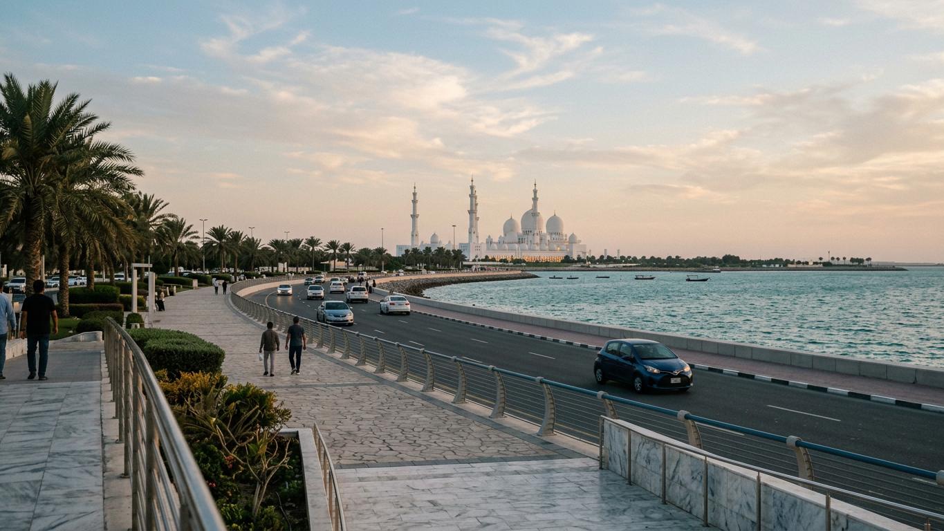 Modern highway approaching Abu Dhabi skyline with Corniche waterfront buildings