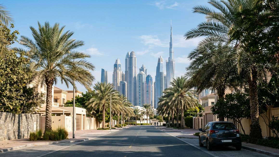 Downtown Dubai skyline with Sheikh Zayed Road and rental car on the highway during winter season