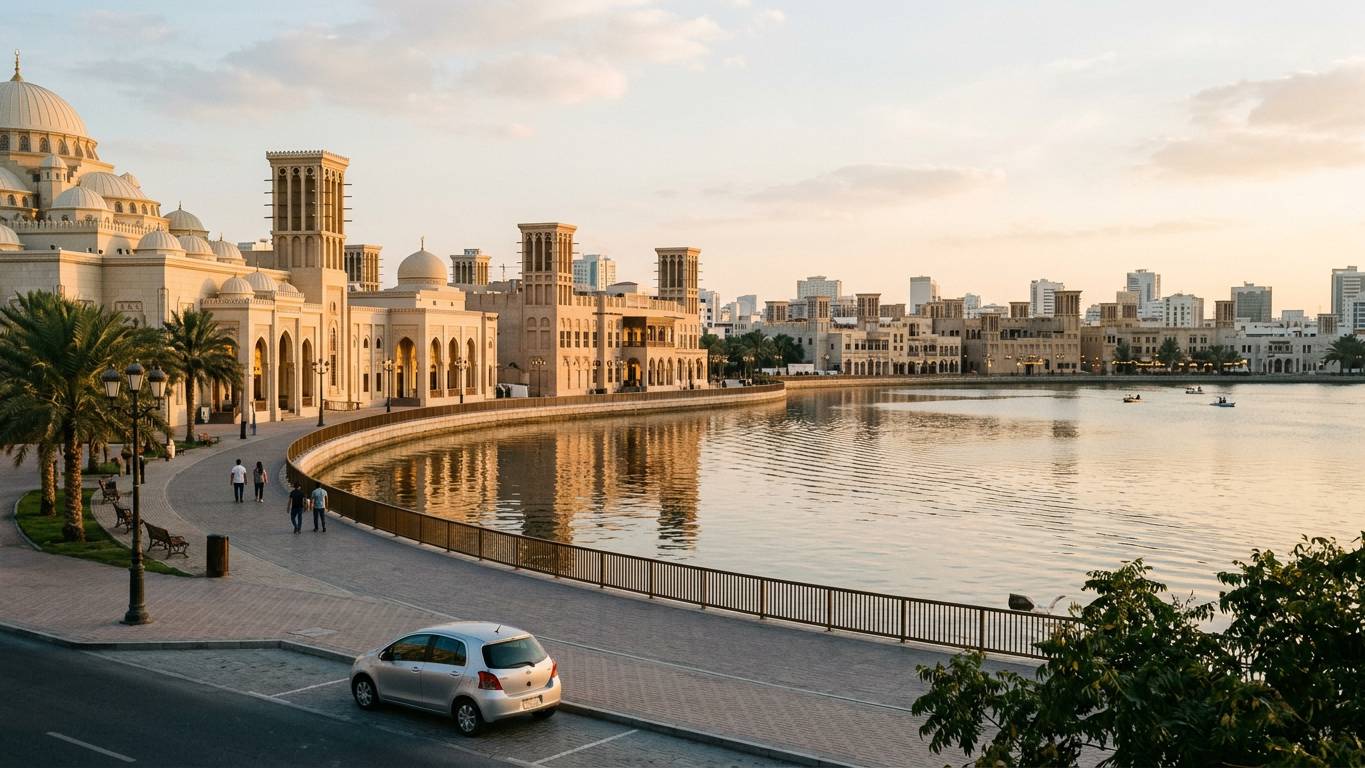 Car rental pick-up area at Sharjah International Airport, local companies serving winter travelers
