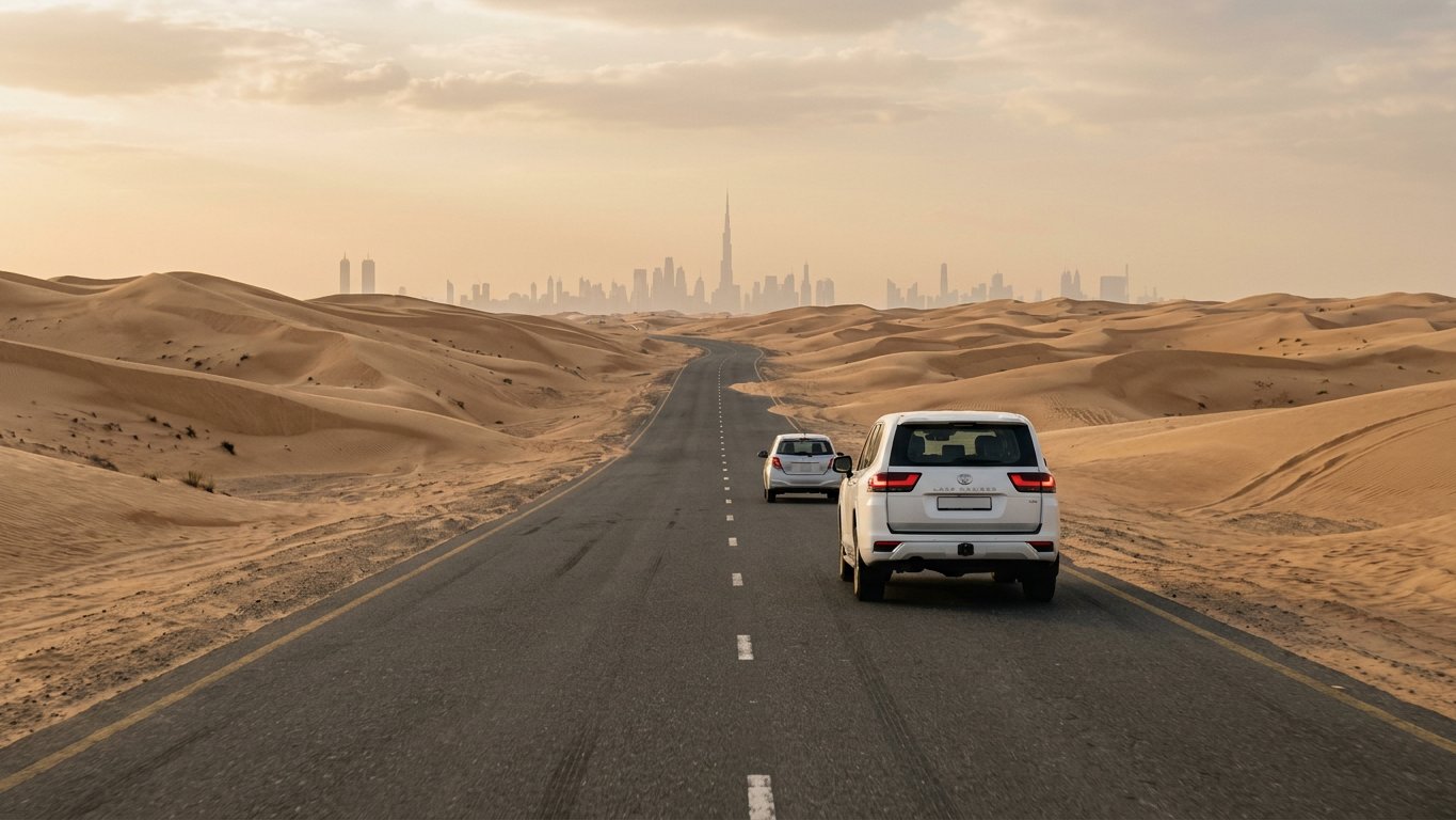 Dubai Sheikh Zayed Road with Palm Jumeirah in the background during winter season