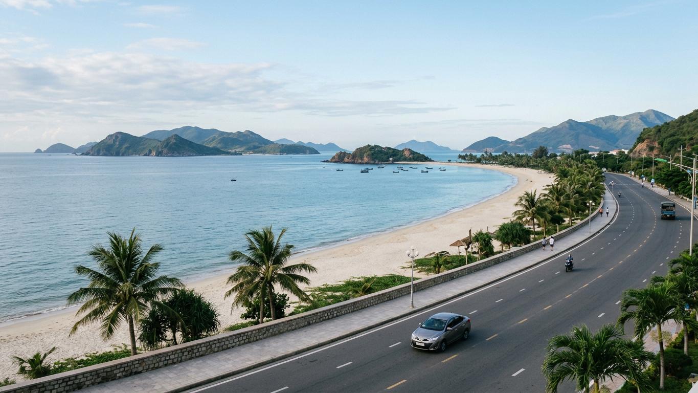 Coastal road and Vinpearl cable car with palm trees in Nha Trang