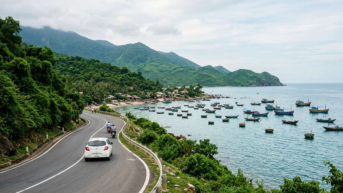 Coastal highway near Nha Trang with palm trees and mountains