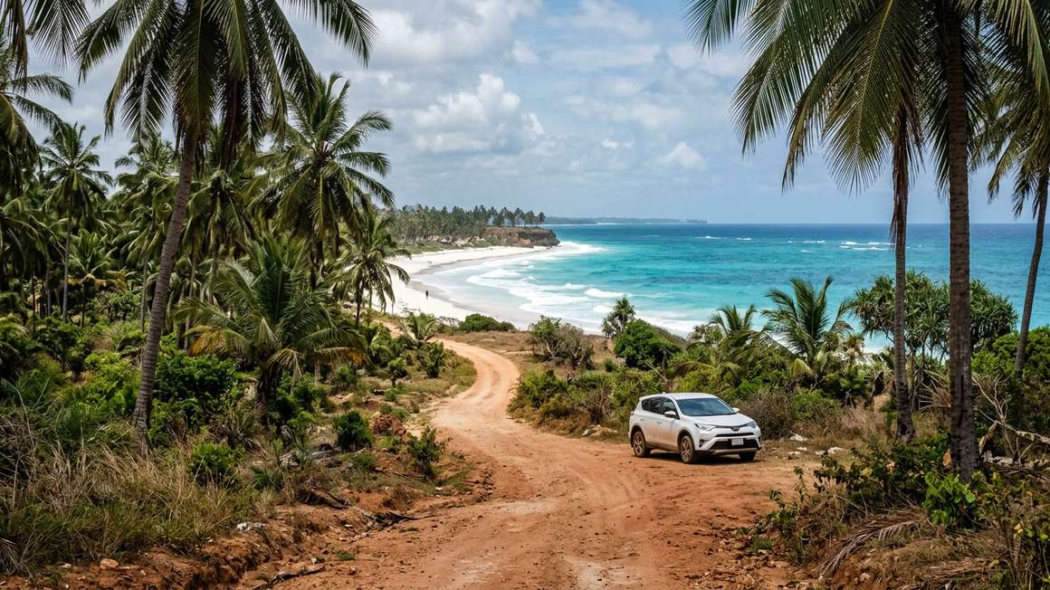 Car rental on coastal road in Zanzibar with palm trees and turquoise ocean